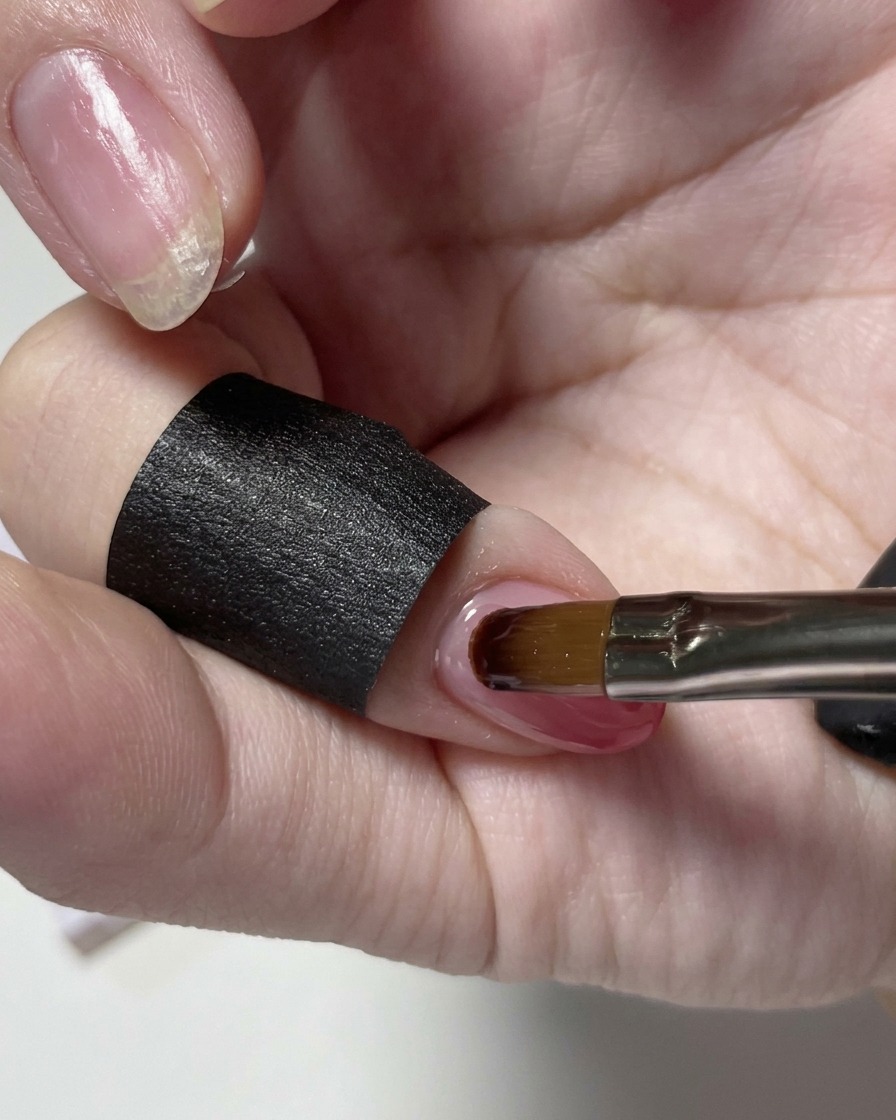 Eine Nahaufnahme von Fingern in einer kleinen LED-Nagellampe während des finalen Aushärtungsvorgangs.