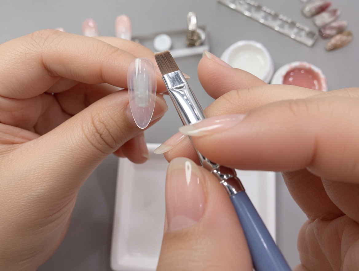 Nahaufnahme eines flachen Nagelpinsels, der eine glatte Schicht weißes Gel auf einen künstlichen Nageltip in einer Hand aufträgt.