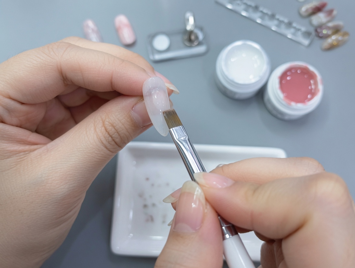 Ein Nageltip mit einer Nude-Verlaufsschicht wird unter der Lampe ausgehärtet.