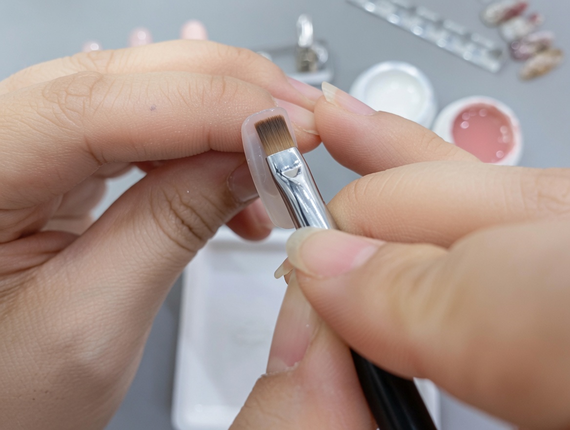 Ein Pinsel trägt eine zweite Schicht des Nude-Gels Nummer 90 über dem bestehenden Farbverlauf auf.