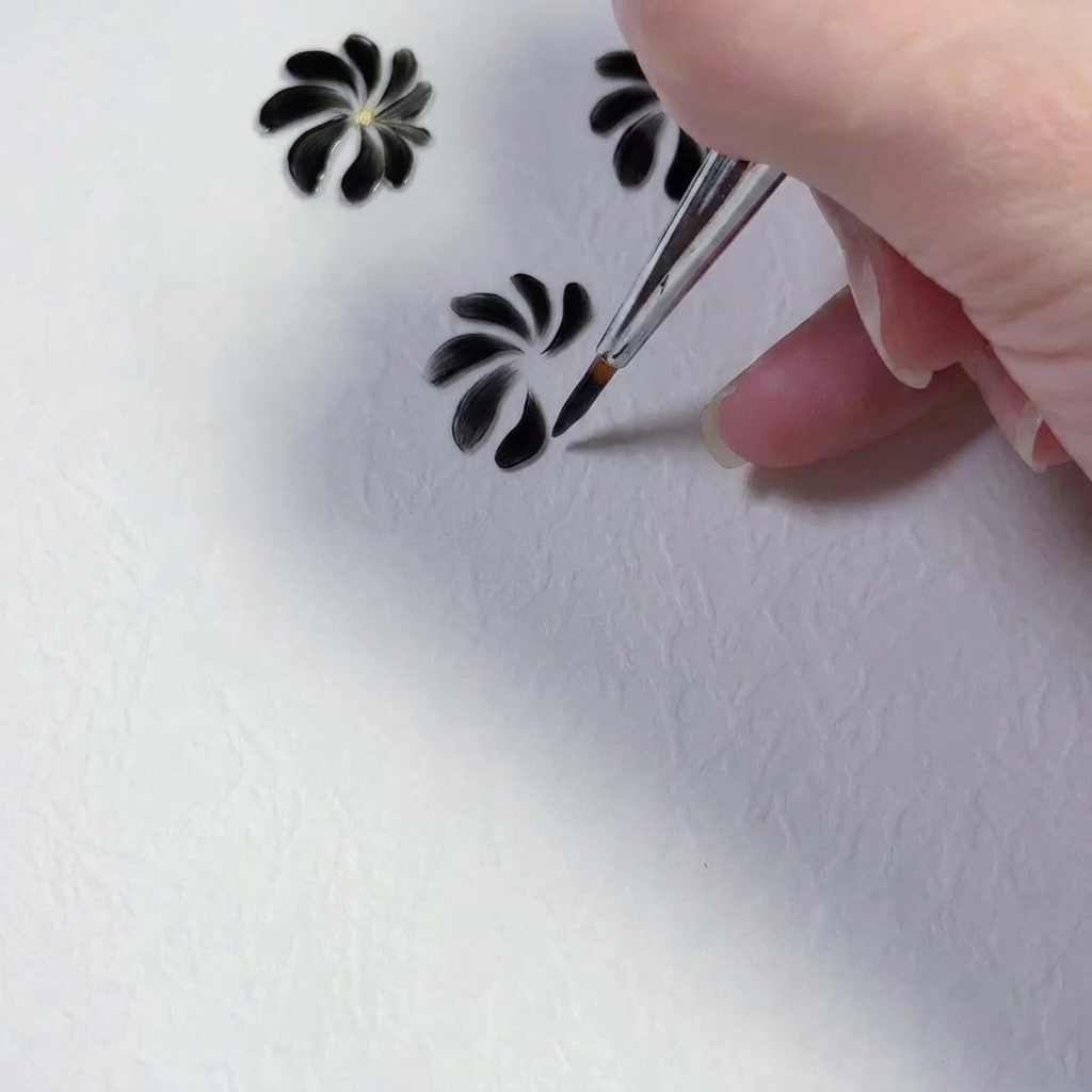 Ein feiner Liner-Pinsel vollendet einen Strich für ein handgemaltes Gänseblümchen.