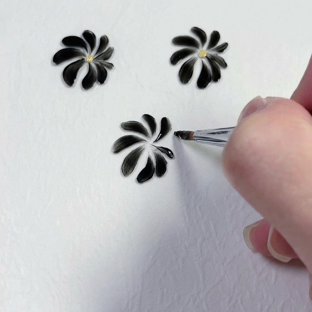 Nahaufnahme eines kleinen Detail-Pinsels, der die Spitzen der schwarzen Gänseblümchen-Blütenblätter für eine natürliche Form verfeinert.