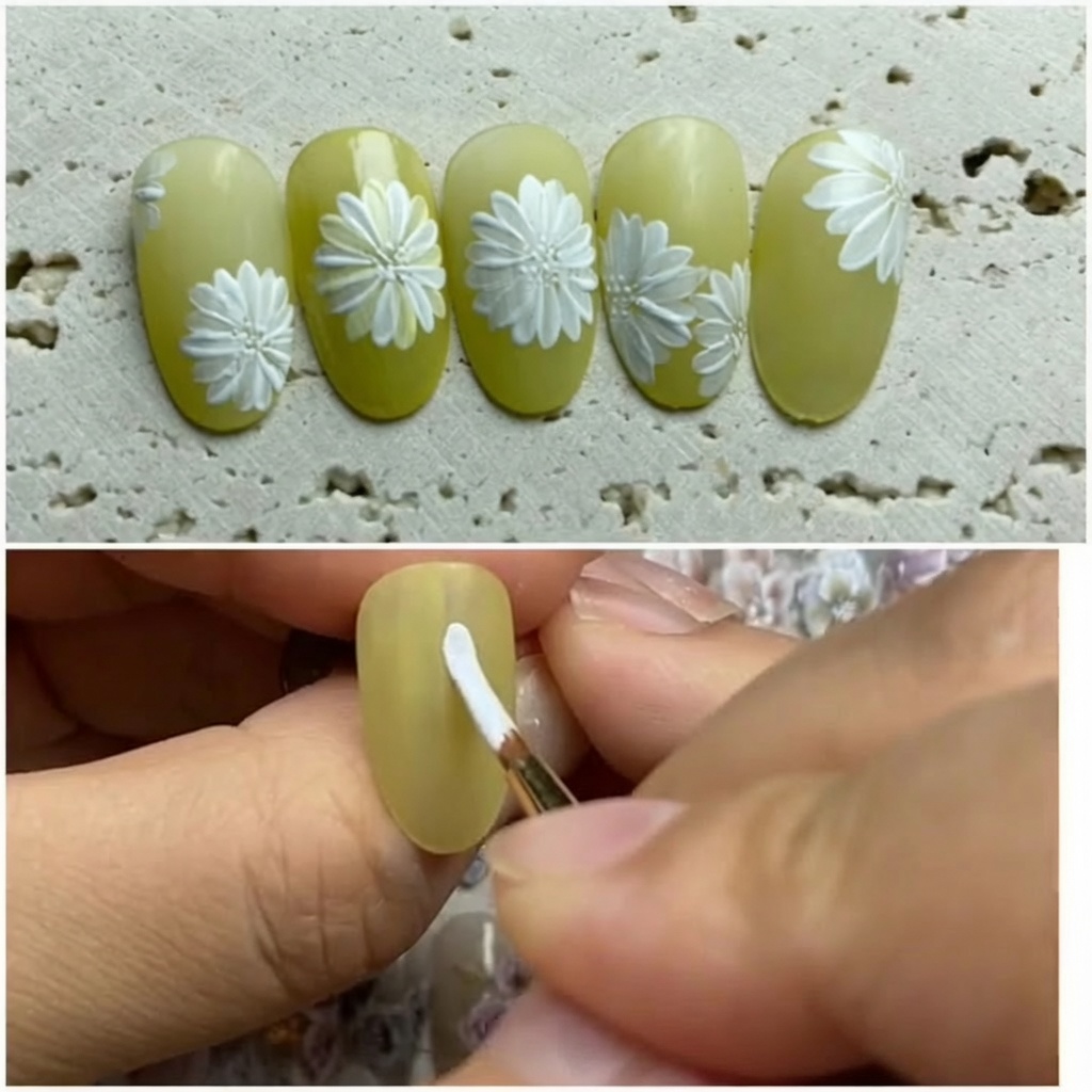 Nahaufnahme eines Pinsels, der leuchtend gelben Gel-Nagellack auf einen Nagel aufträgt.
