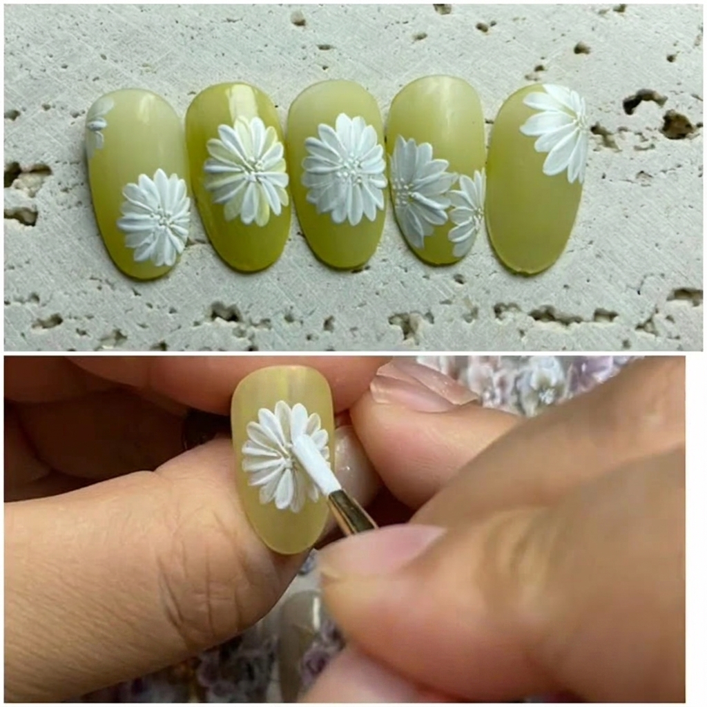 Ein feiner Liner-Pinsel setzt einen kleinen weißen Punkt auf einen gelben Nagel.