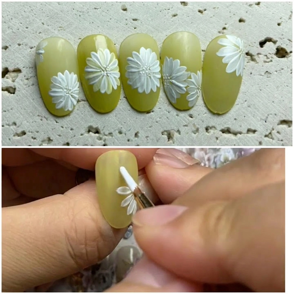 Eine Hand legt den Nagel mit dem Gänseblümchen-Design in eine UV/LED-Lampe.