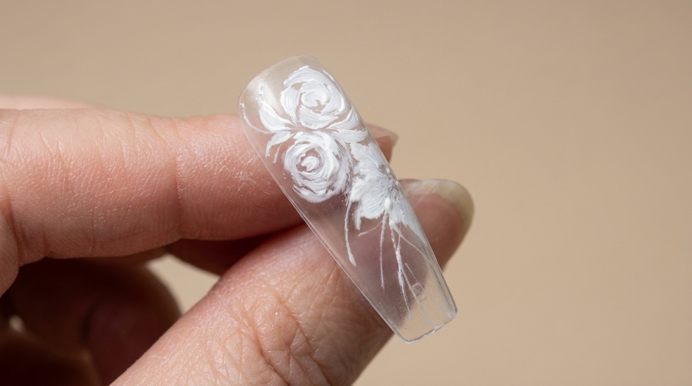 Ein langer, klarer Nagel mit kunstvoll handgemalten weißen Rosen und filigranen floralen Akzenten mit dimensionalem Finish.