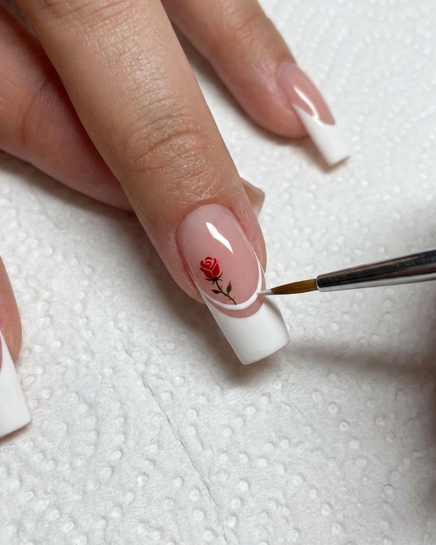 Nahaufnahme eines Nageldesigners, der mit einem dünnen Liner-Pinsel eine erhabene Gel-Linie entlang des Randes einer weißen French-Spitze aufträgt.
