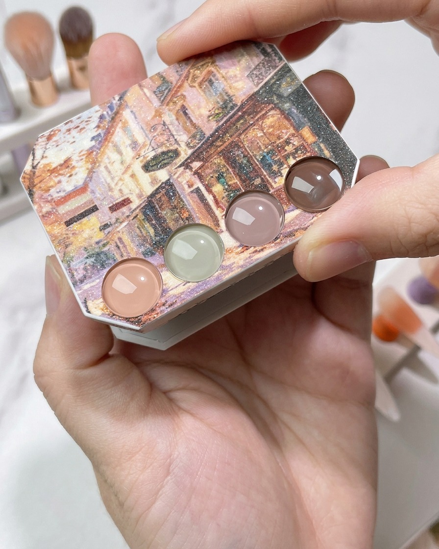 Ein Nail-Art-Pinsel trägt ein transparentes Nude-Gel auf den freien Nagelrand auf.