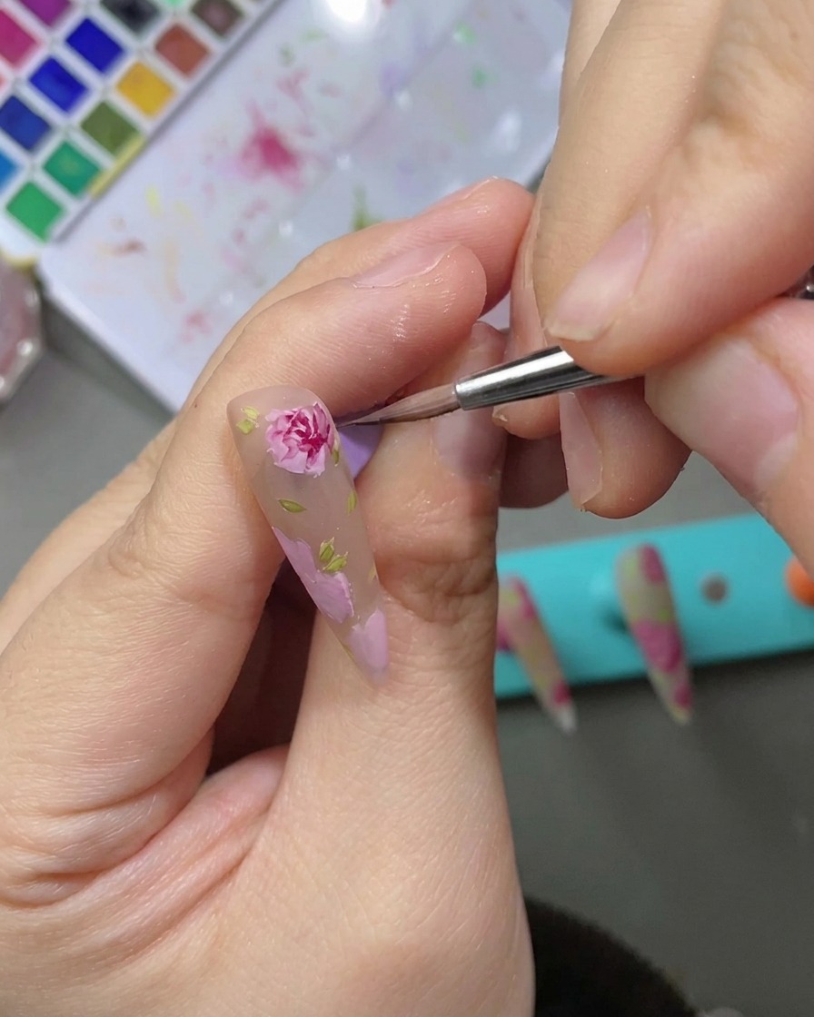 Nahaufnahme einer Nagelaquarellrose, die mit dunkleren roten Schattierungen verfeinert wird.