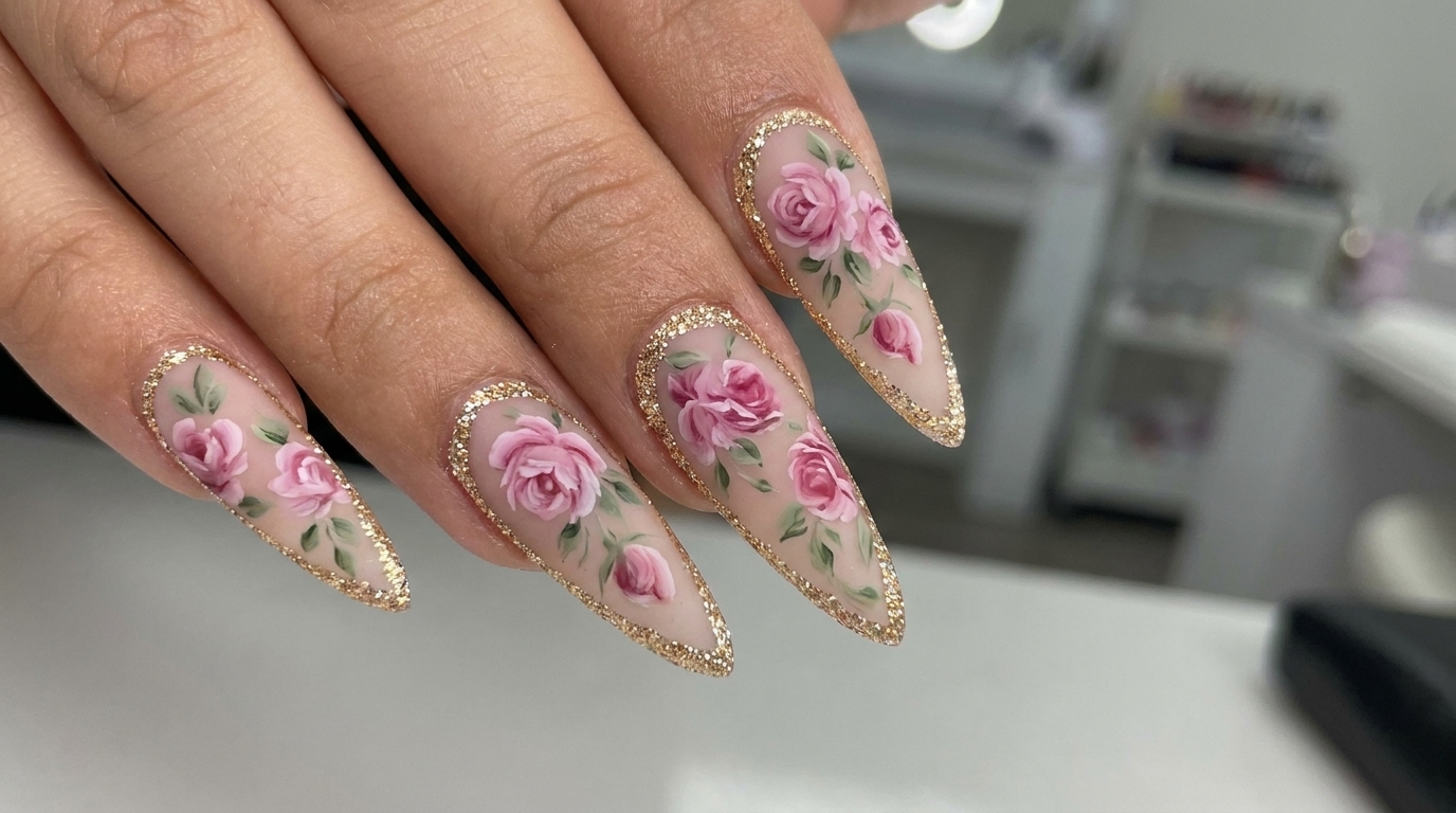 Matte Rosen-Nageldesign mit Platin-Akzenten – Romantische Stiletto-Anleitung
