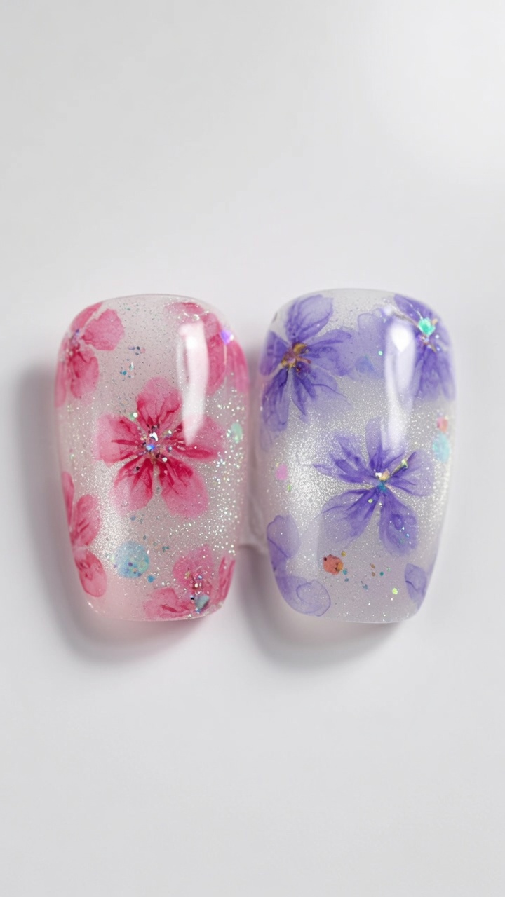 Eis-transluzente Cat-Eye-Nägel mit handgemalten Aquarell-Kirschblüten in Rosa- und Violetttönen.