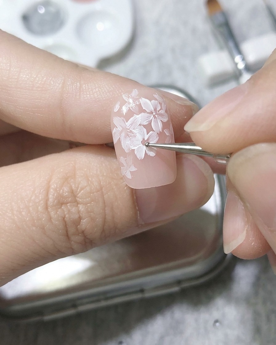 Ein Dotting-Tool platziert rosa Gel in die Mitte der zweiten Blütenblattschicht.