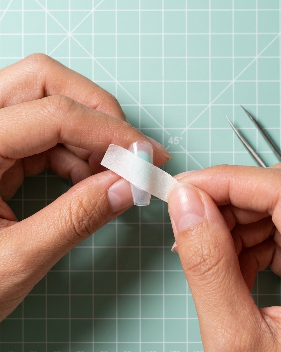 Nahaufnahme von Fingern, die einen Streifen Klebeband horizontal auf einen klaren Nageltip aufbringen.