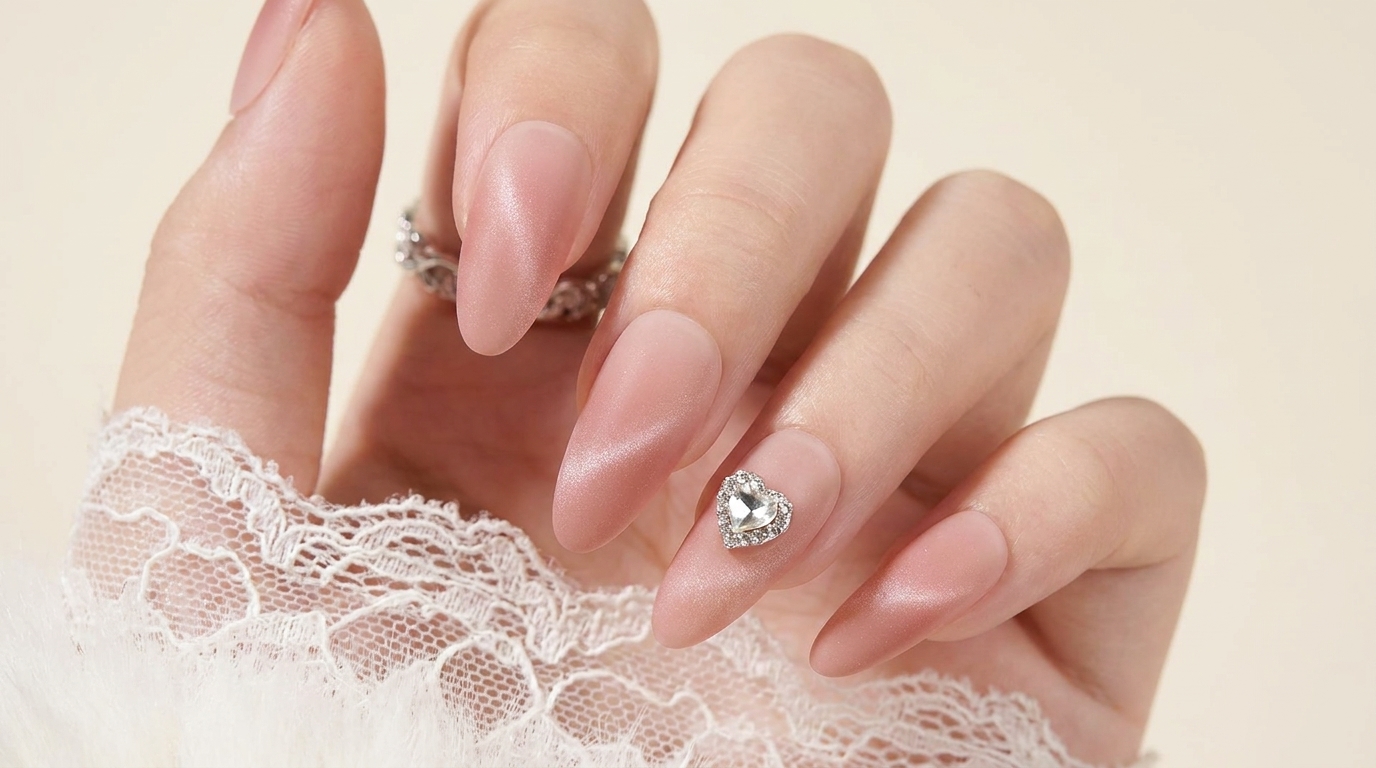 Eine Nahaufnahme der fertigen nudefarbenen Cat-Eye Press-On Nägel mit weichem mattem Finish und einem silbernen herzförmigen Charm am Ringfinger.