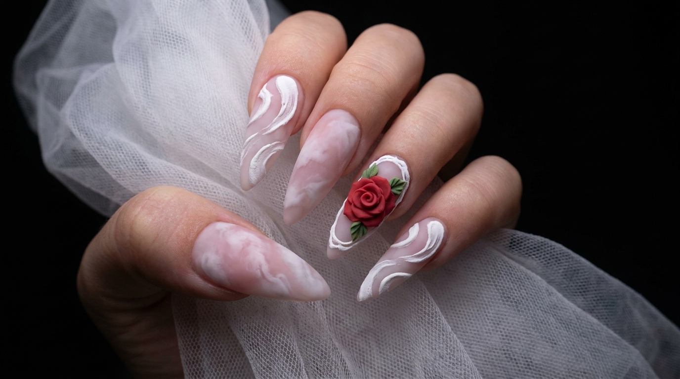 Weiße Matte Plaster-Gel-Rose & 3D-Swirls — Schritt-für-Schritt-Anleitung