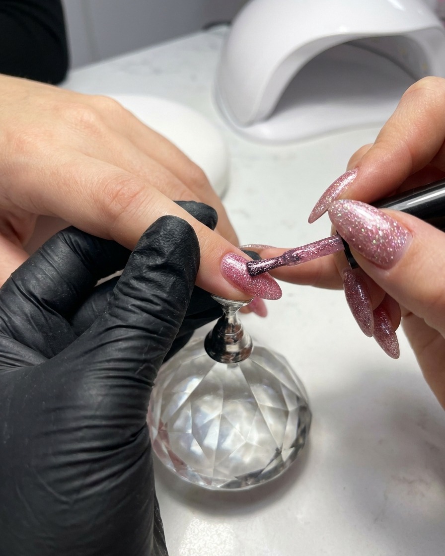Ein Detailpinsel trägt rosa Crushed Diamond Gel auf einen Nagel auf, um einen Verlauf von der Nagelhaut bis zur Spitze zu erzeugen.