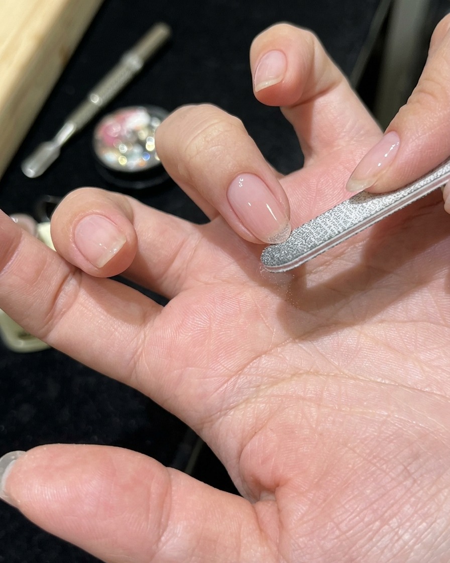 Eine Nahaufnahme einer Hand, bei der transparentes rosa Gel auf einen sauberen Naturnagel aufgetragen wird.