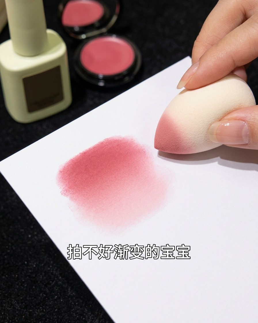 Ein Make-up-Schwämmchen tupft rosa Gel auf eine weiße Oberfläche, um den Verlaufseffekt zu testen.