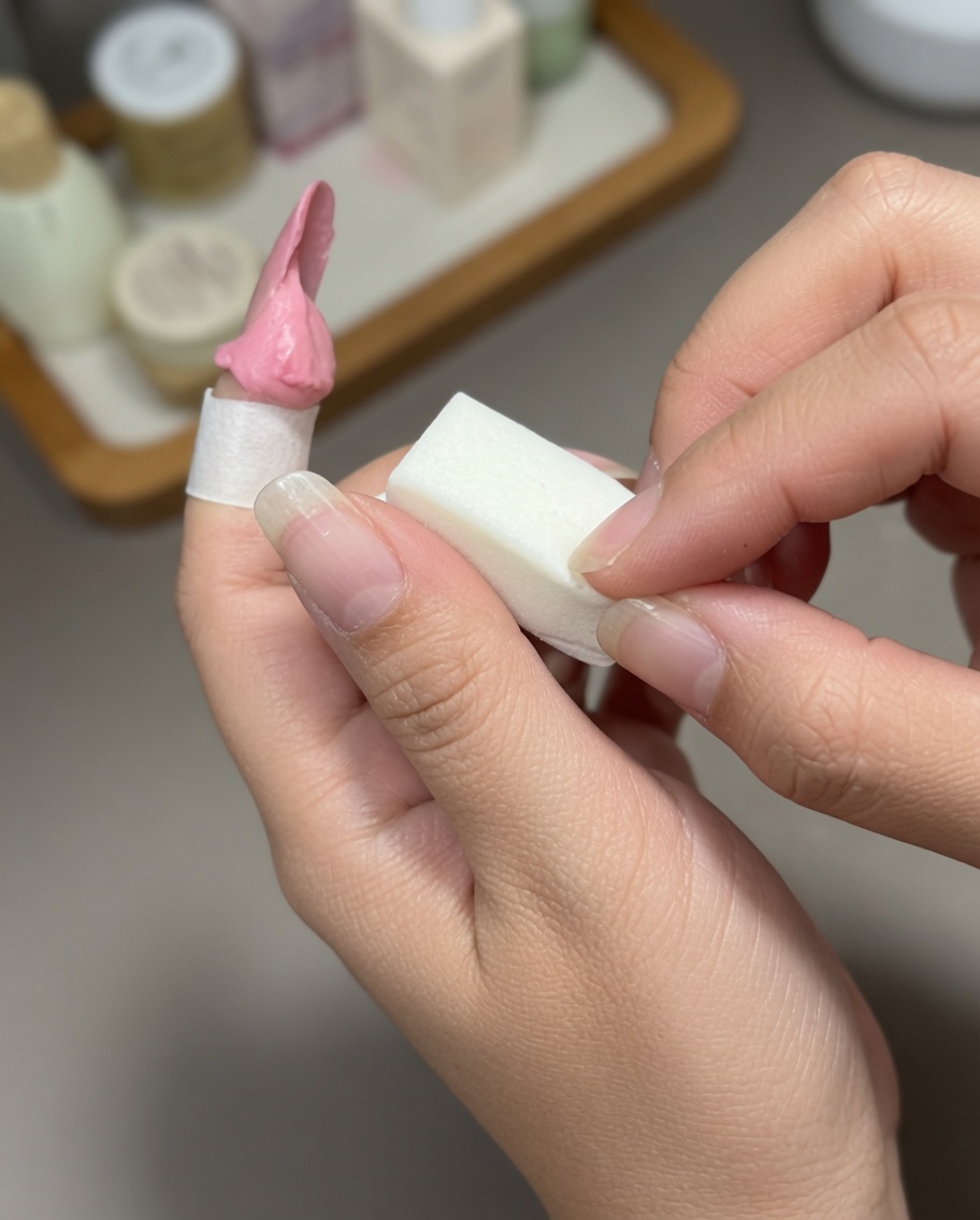 Ein kleiner quadratischer Schwamm tupft rosa Gel auf einen Nagel, um einen Verlauf zu erzeugen.