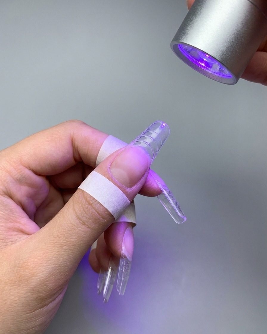 Eine silberne Mini-UV/LED-Lampe härtet einen rosa Nagelverlauf mit violettem Licht aus.