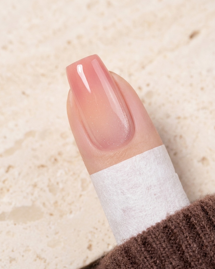 Ein Pinsel verblendet pfirsichfarbenes Gel von der Spitze in Richtung Nagelmitte, um einen weichen Ombré-Verlauf zu erzeugen.