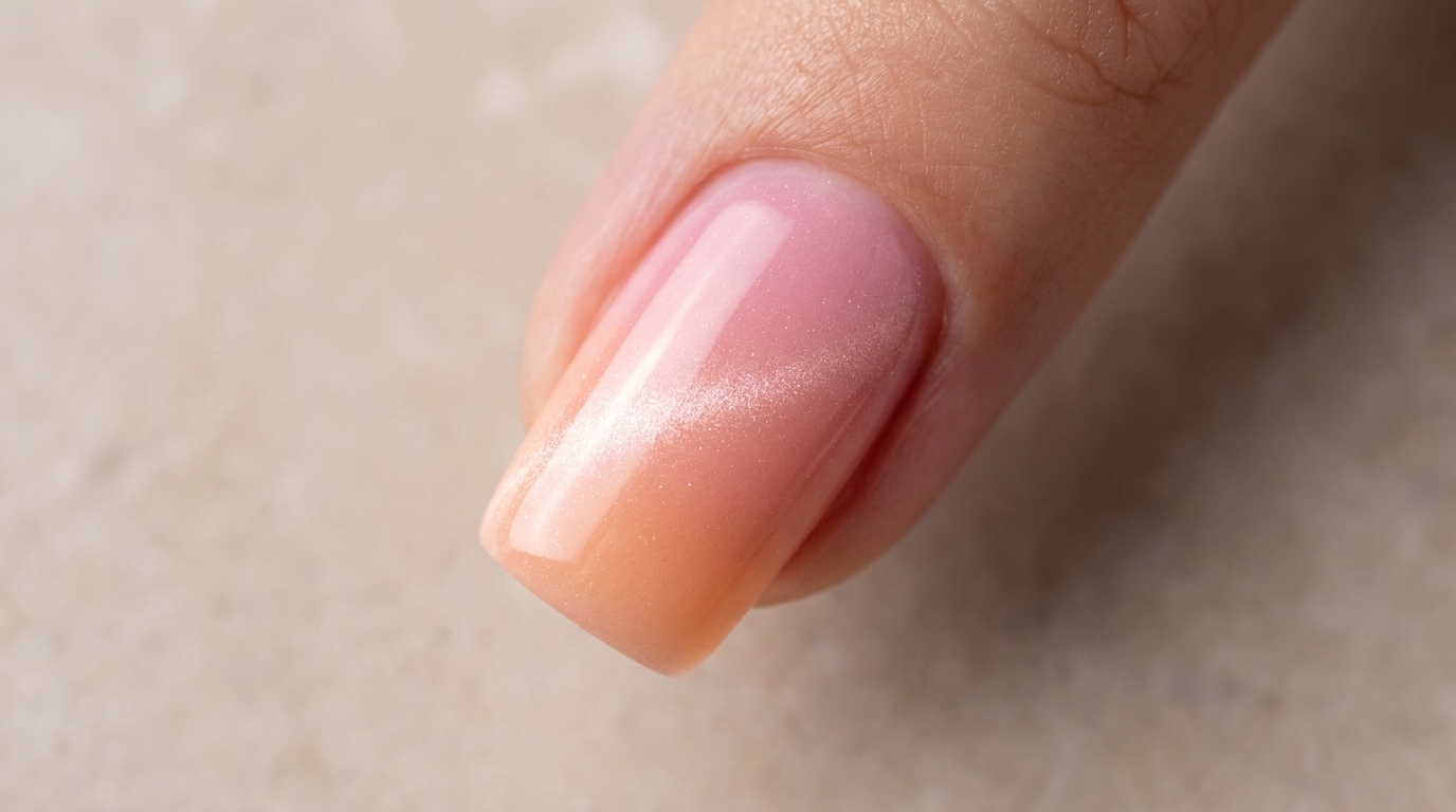 Pfirsich-zu-Rosa Ombré-Nägel mit Cat-Eye-Effekt und Hochglanz-Finish.