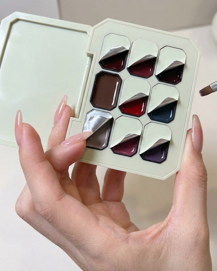 Ein Make-up-Schwammkeil wird in eine Palette mit helllila Solid-Gel gedrückt.