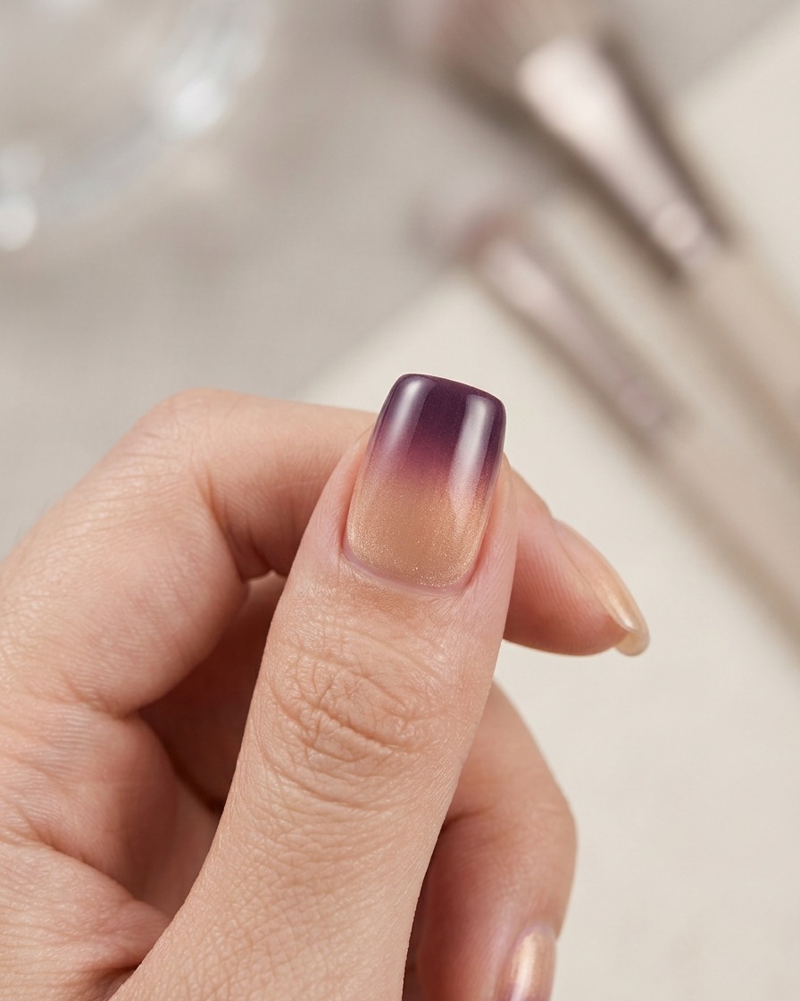 Eine Hand hält eine kleine, tragbare Nagellampe über einen Finger, um das Gel auszuhärten.