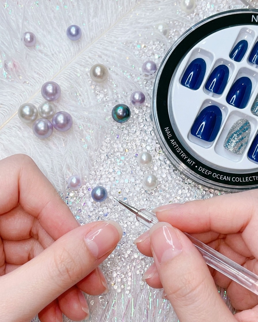Nahaufnahme, die zeigt, wie ein elektrisch blauer Press-On Nagel am Nagelhautbereich des Naturnagels ausgerichtet wird.