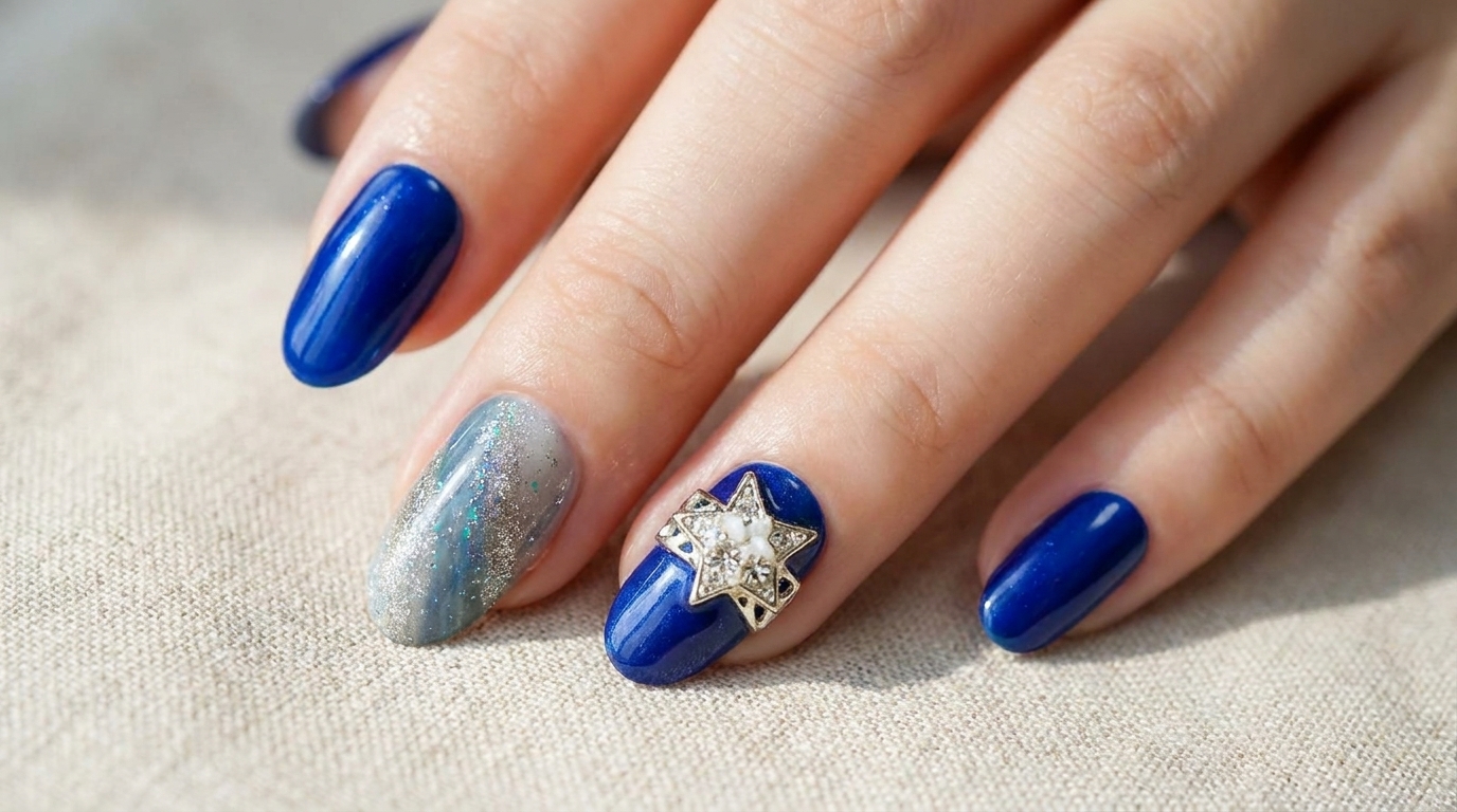 Fertige, elektrisch blaue Press-On Maniküre mit einem silbernen Stern-Detail und einem Nagel mit Glitter-Verlauf.