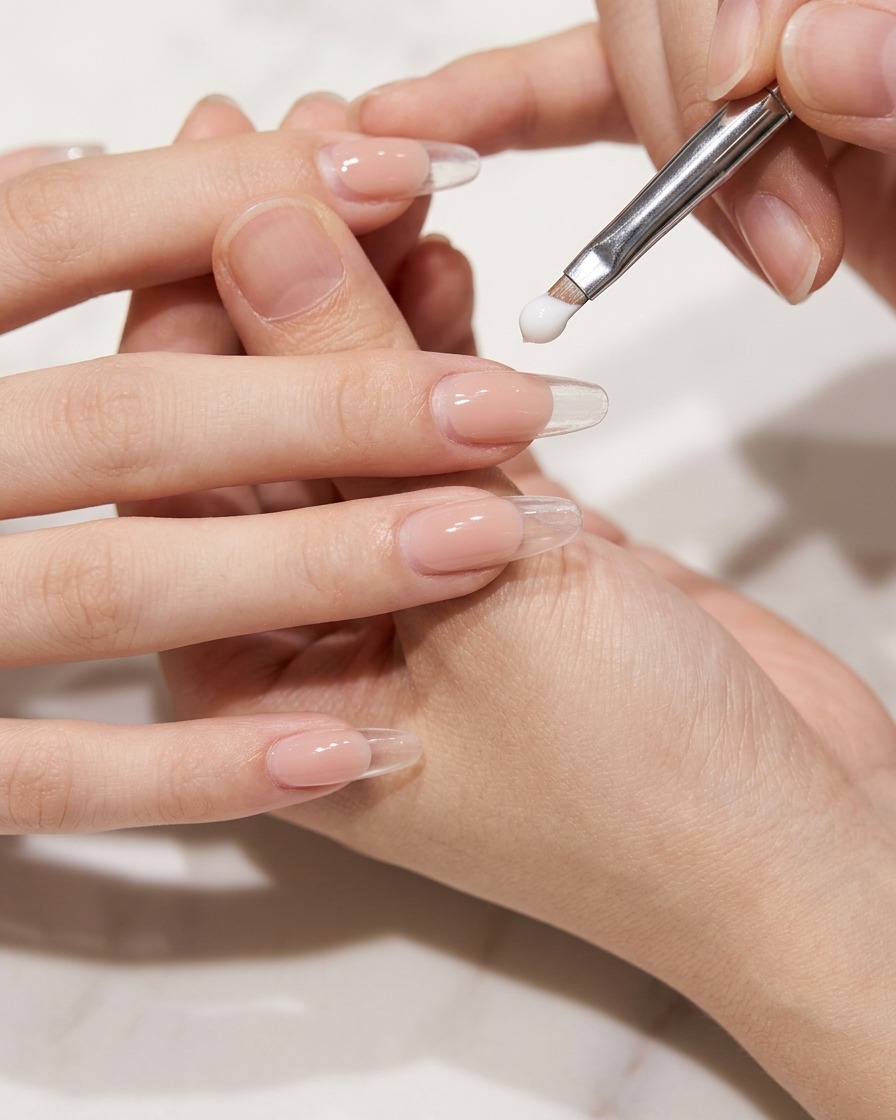 Ein fusselfreies Tuch reinigt die Oberfläche eines manikürten Nagels.