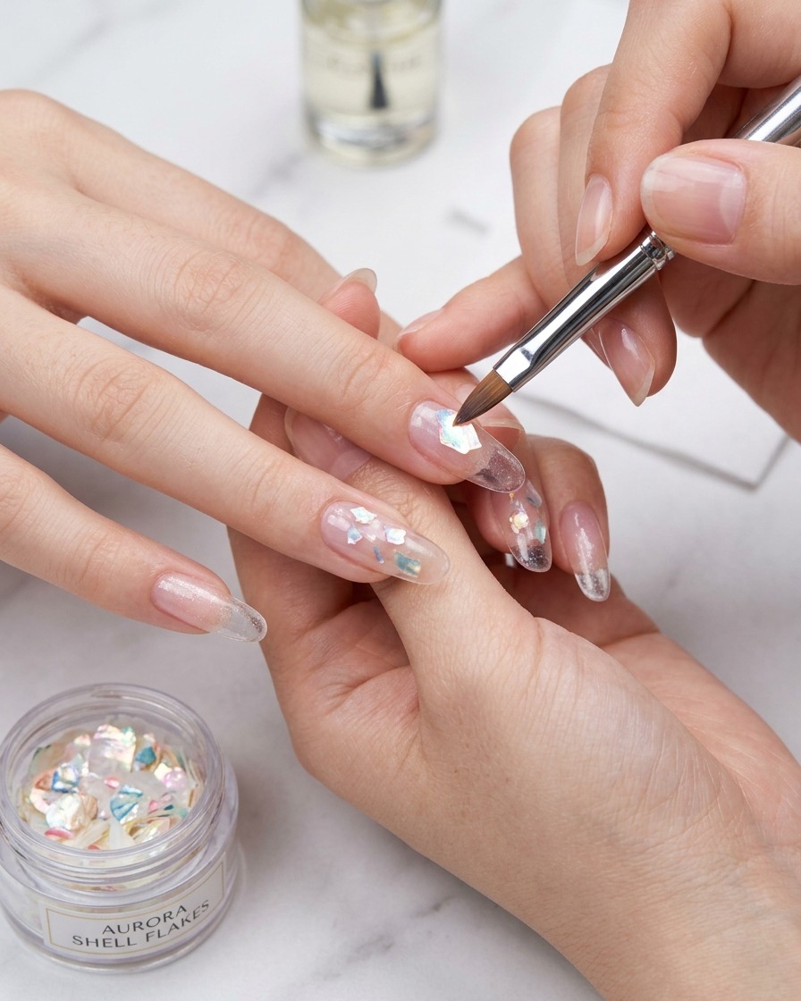 Eine Hand unter einer kompakten UV-Lampe härtet das Nageldesign aus.