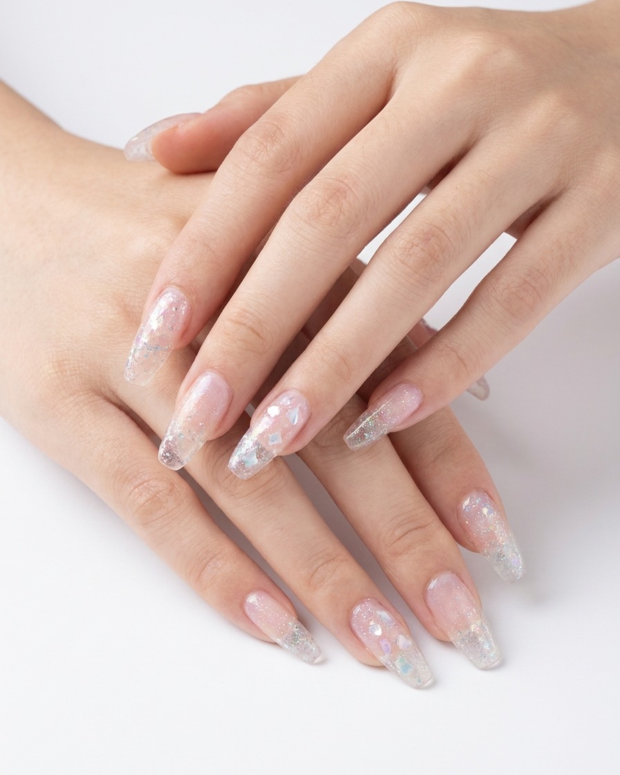 Nahaufnahme eines Nagels, in den weitere Muschelsplitter in eine Gel-Schicht eingebettet werden.