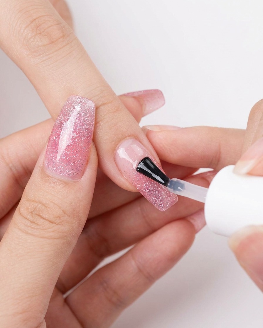 Pinsel trägt einen klaren Top Coat ohne Schwitzschicht auf einen Nagel auf.