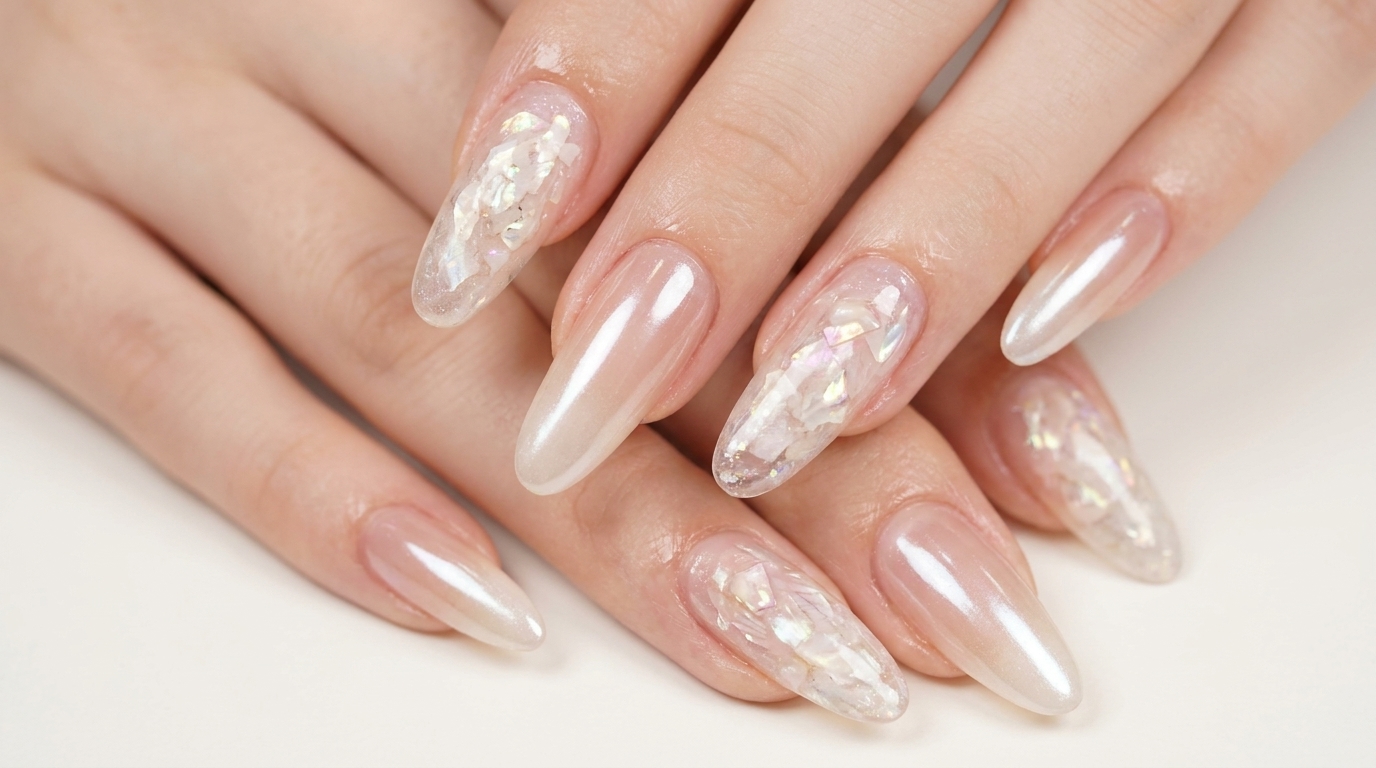 Lange Mandel-Nägel mit einer transparenten Nude-Basis, eingebetteten Muschelsplittern und einem sanften, weißen Moonlight-Chrom-Verlauf.