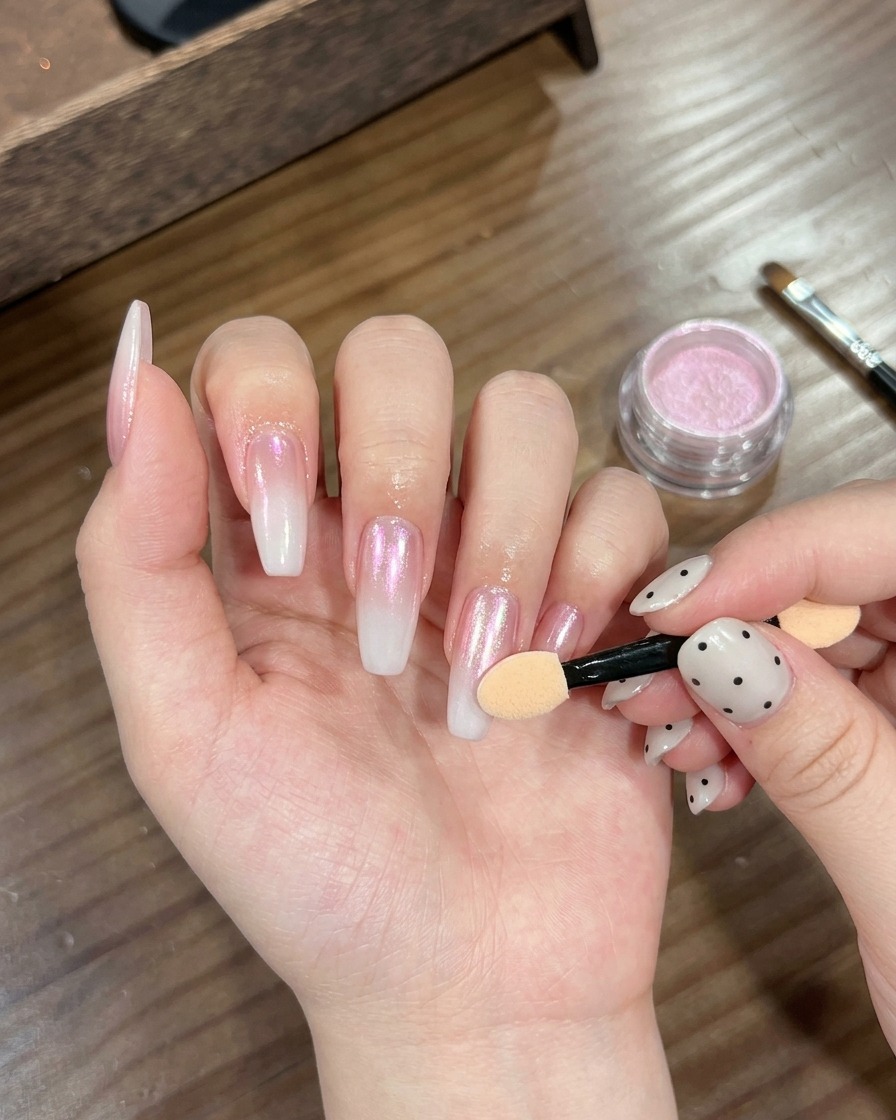 Nahaufnahme einer Hand, die einen Lidschatten-Applikator verwendet, um irisierendes rosa Chrome Puder auf einen weißen Ombré-Nagel zu polieren.