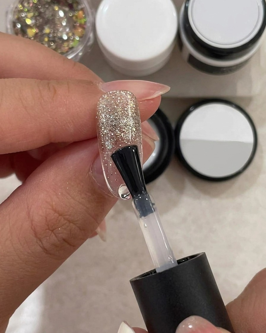 Ein Pinsel trägt ein dickflüssiges, klares Struktur-Gel über den mit Glitzer bedeckten Nagel auf.