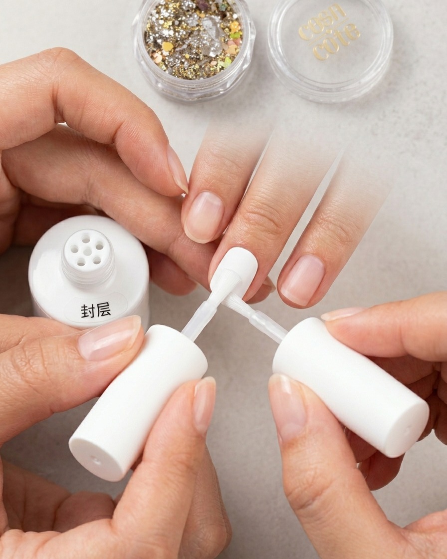 Nahaufnahme einer Hand, die ein kleines Make-up-Schwämmchen nutzt, um den Übergang zwischen dem weißen Gel und der Basis sanft zu verblenden.