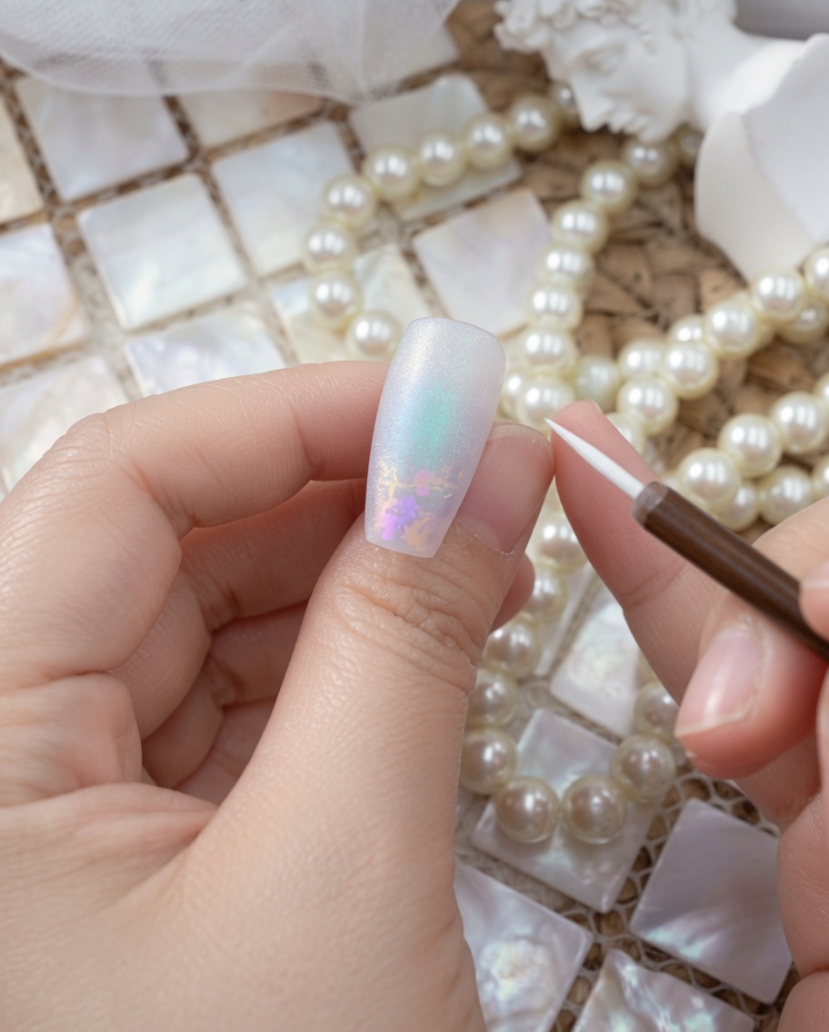 Ein feiner Liner-Pinsel malt ein kleines weißes Blumendesign auf einen Nagel mit mattem Finish.