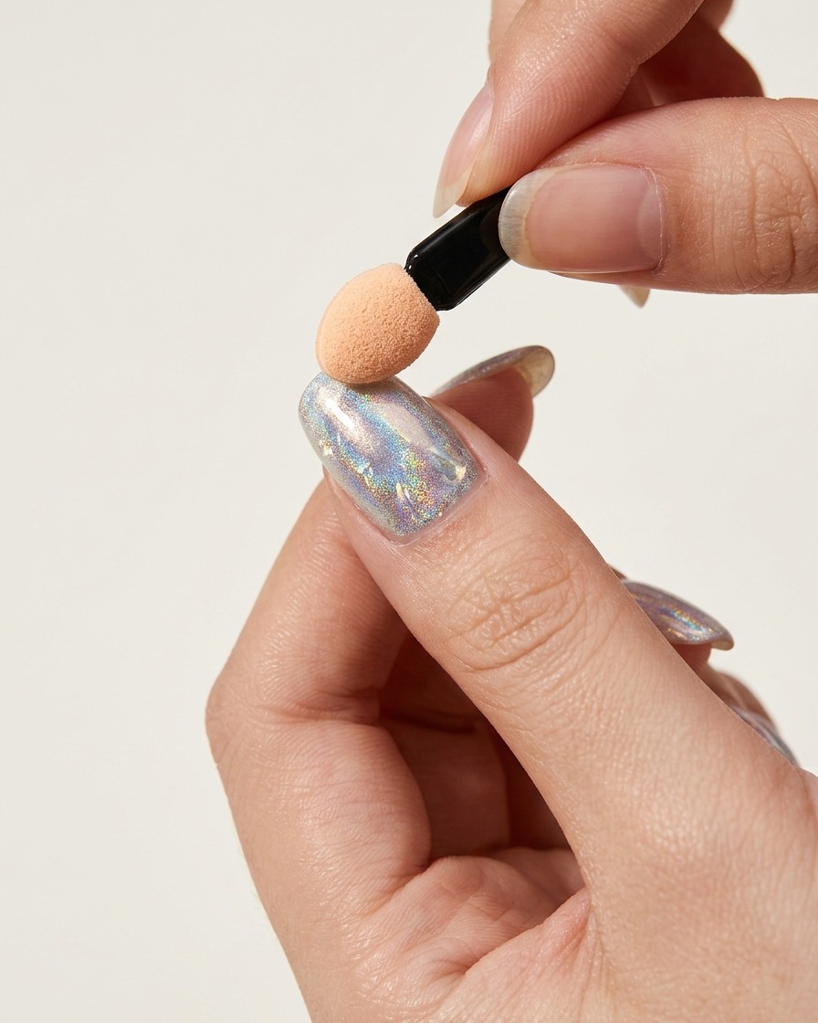 Ein Schwammapplikator wird in einen Tiegel mit irisierendem Aurora-Chrome-Puder getaucht.