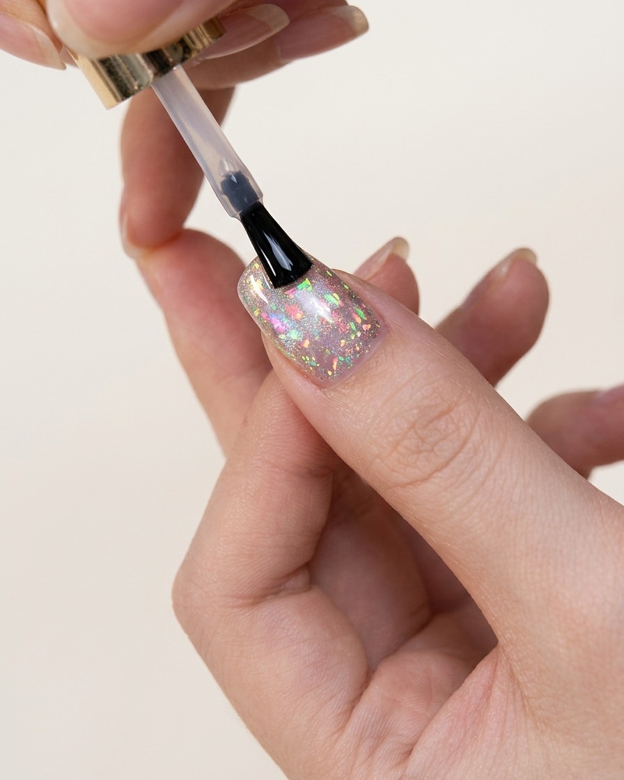 Eine Hand mit fertigem Nageldesign wird für das letzte Aushärten in die UV-Lampe gelegt.