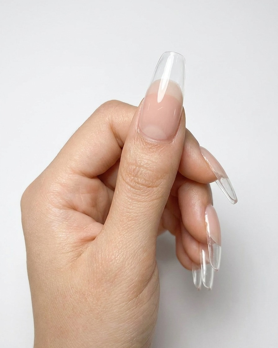Eine Hand liegt unter einer professionellen UV-Lampe, während das Nude-Gel aushärtet.