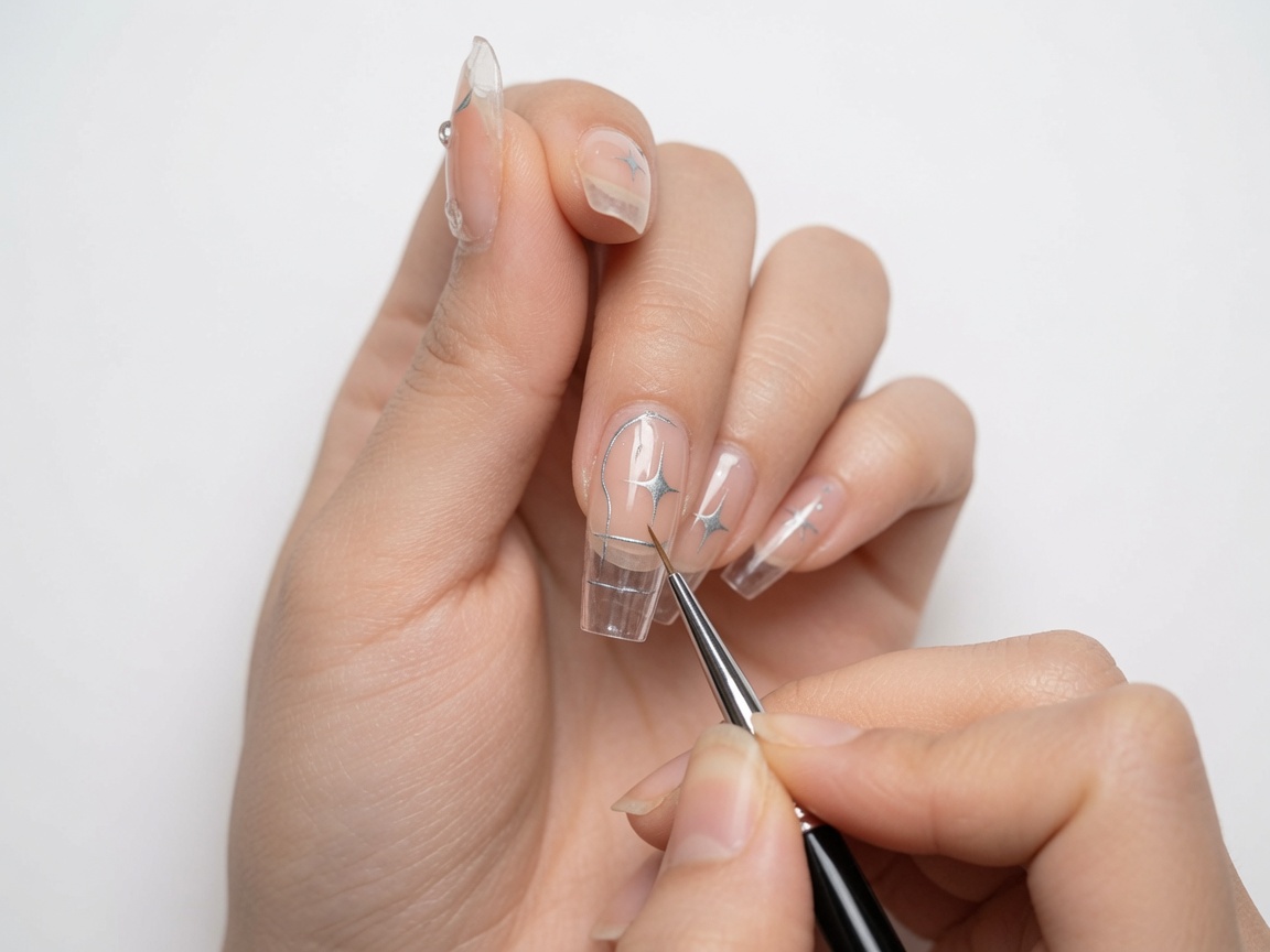 Eine Nailartistin füllt mit einem feinen Pinsel das silberne Sterndesign auf einem Nude-Nagel aus.