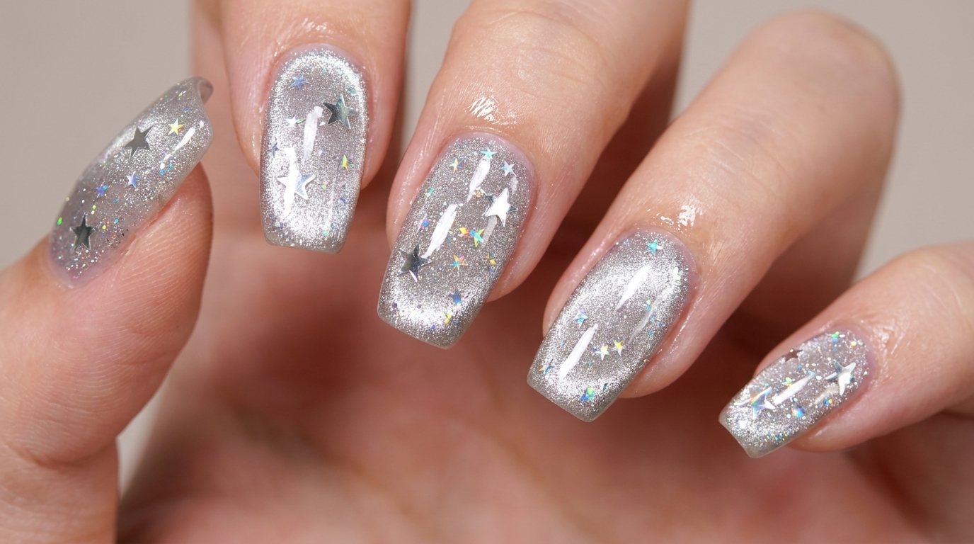 Silberne Galaxie-Sterne Cat-Eye-Nägel — Schritt-für-Schritt-Anleitung