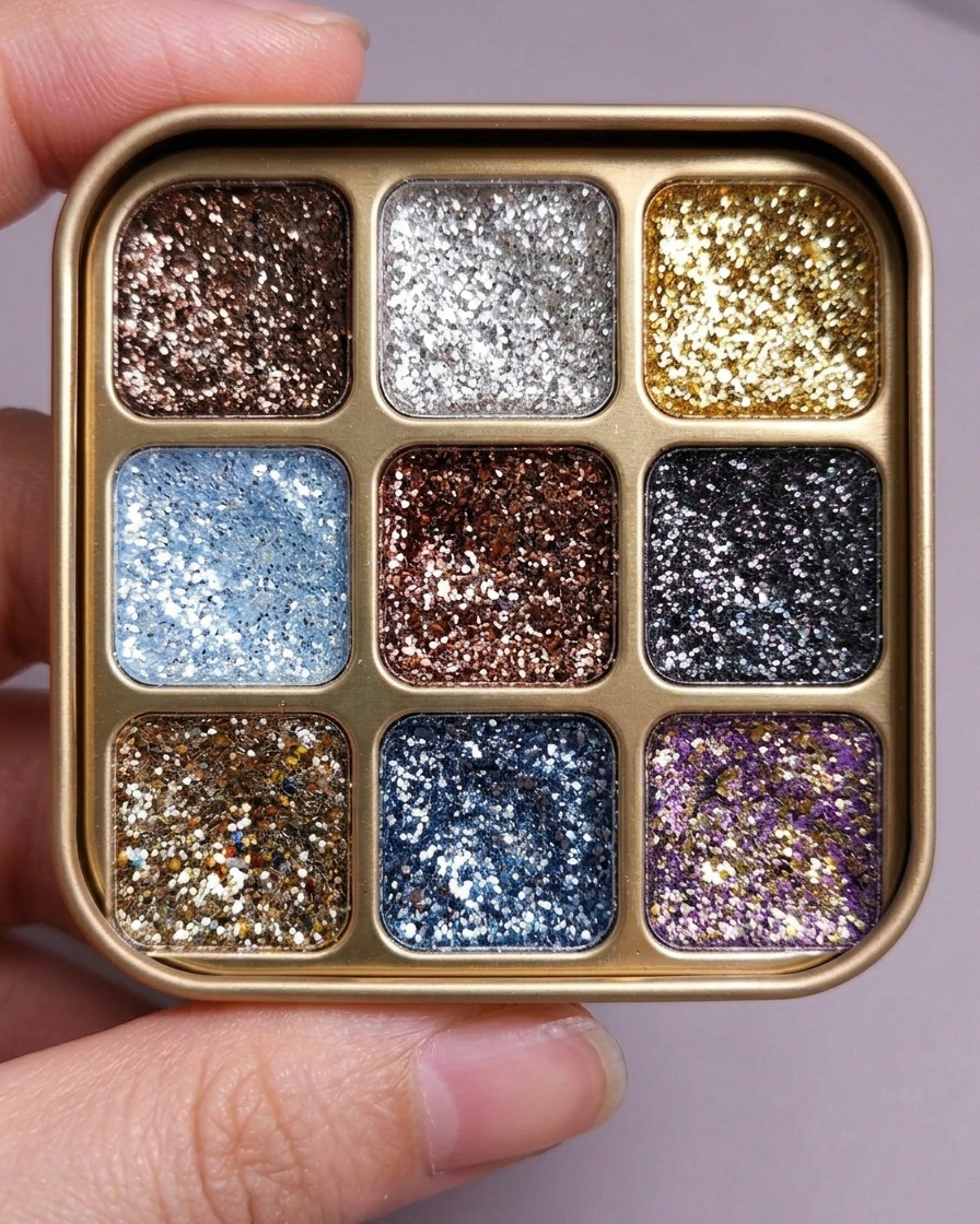 Ein feiner Liner-Pinsel nimmt eine kleine Menge Silber-Glitzergel von einer Kosmetikpalette auf.
