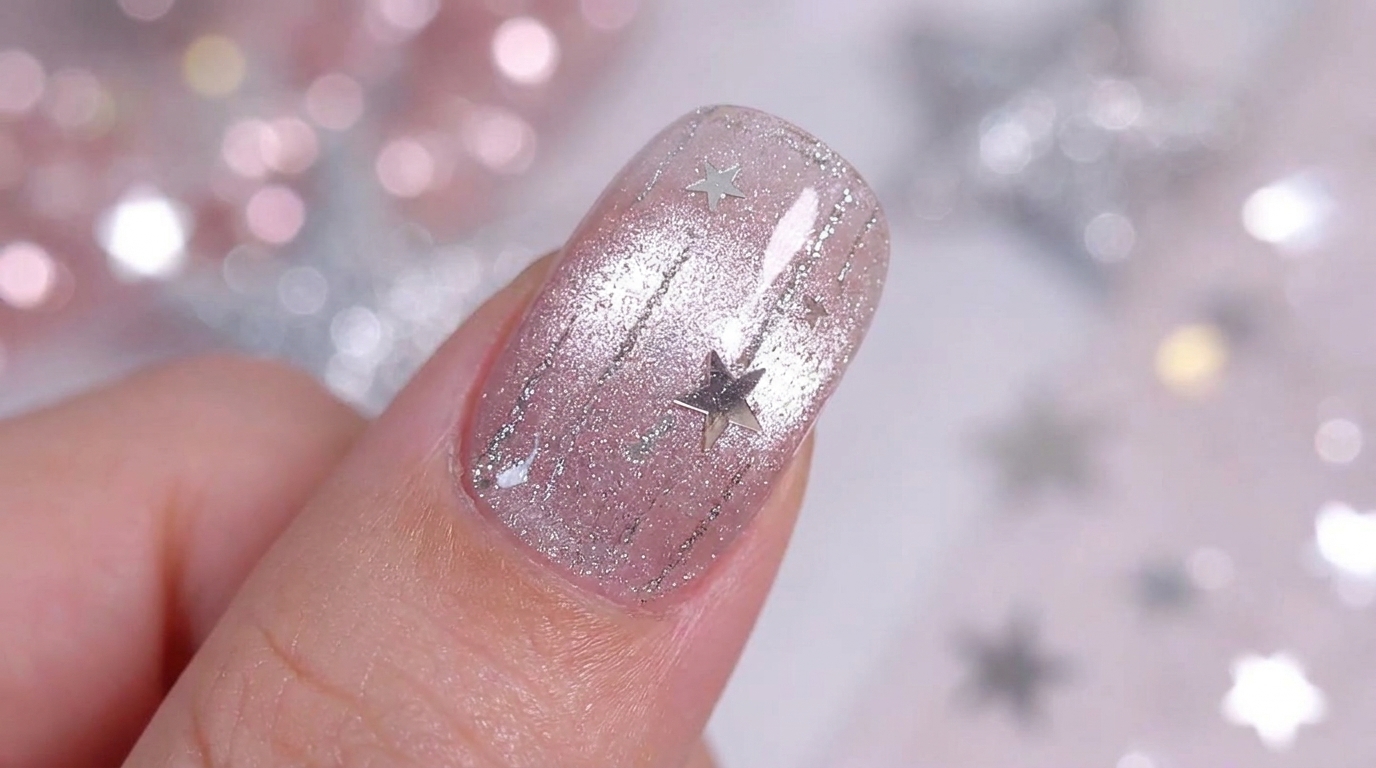 Glänzende silber-pinke Cat-Eye-Basis, akzentuiert mit zarten vertikalen silbernen Glitzerlinien und eingebetteten silbernen Stern-Pailletten.