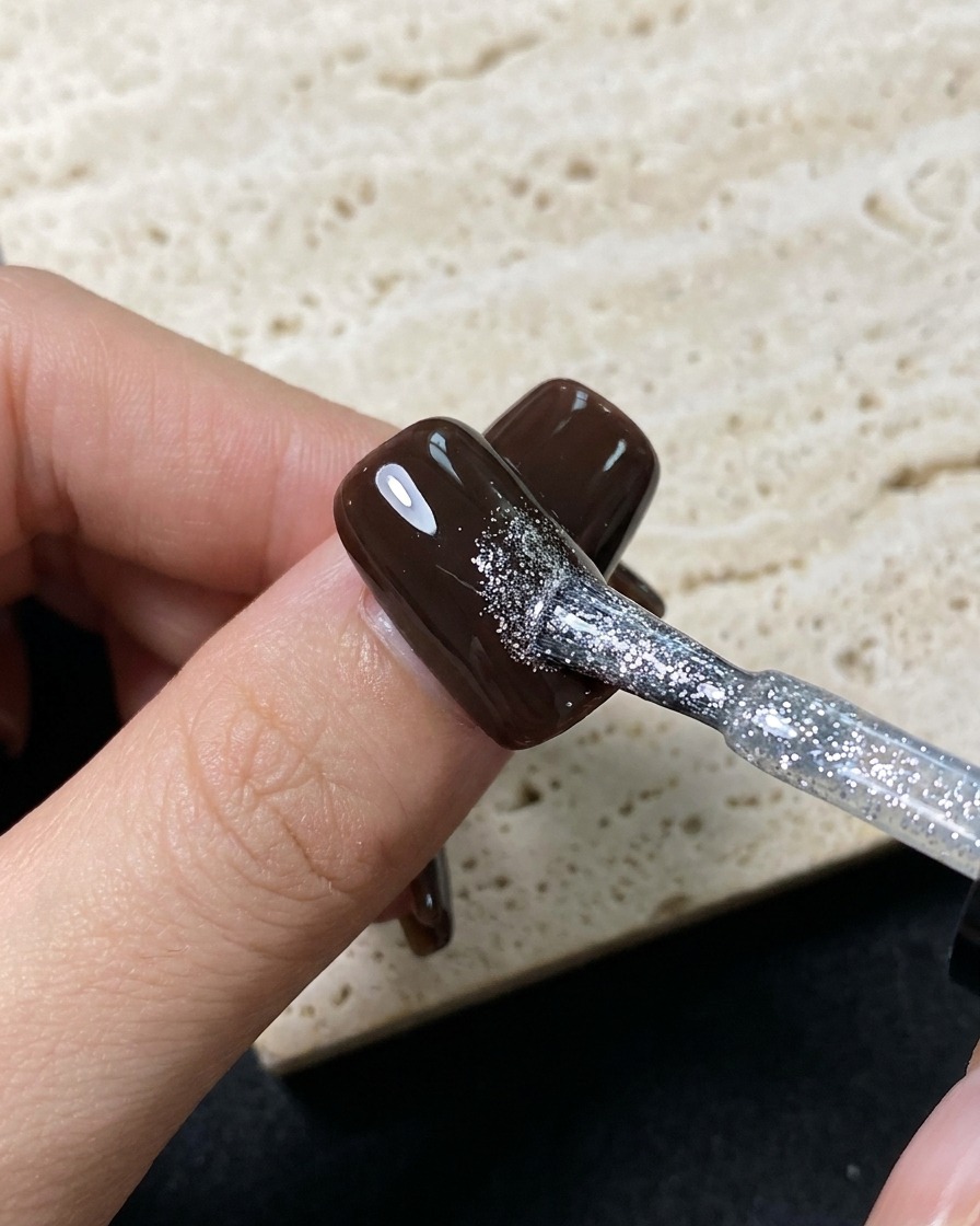 Ein feiner Liner-Pinsel malt einen kleinen silbernen Stern auf die Oberfläche eines dunkelbraunen Gelnagels.