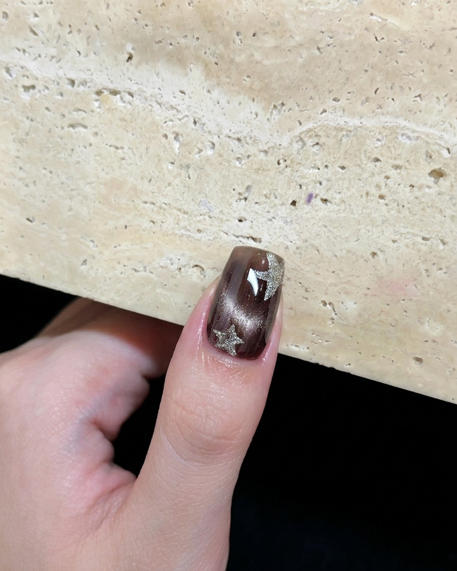 Ein brauner Cat-Eye-Nagel, verziert mit zwei handgemalten platin-silbernen Sternen.
