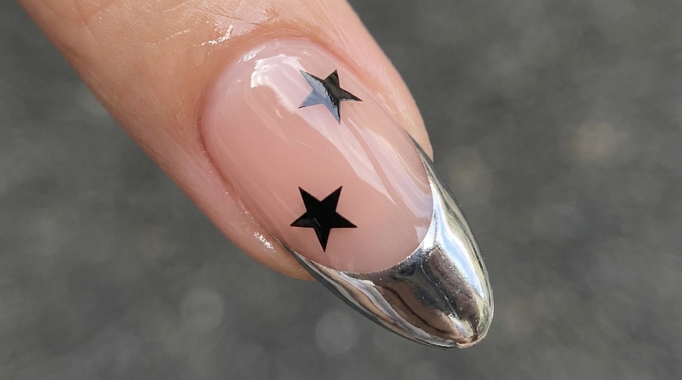 Silberne Chrom-French-Tips und schwarze Stern-Nägel – Schritt-für-Schritt-Anleitung