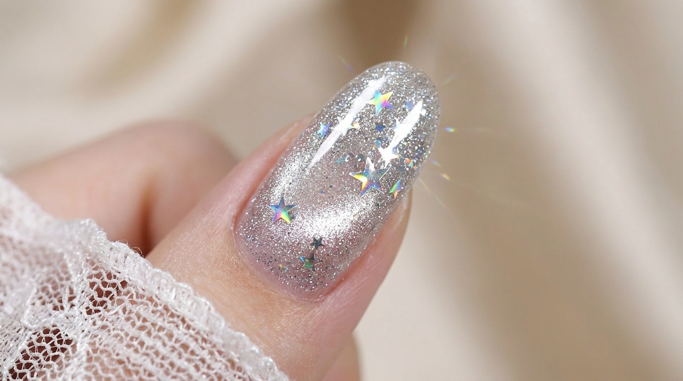 Silberne Cat-Eye Glitzer-Sterne — Schritt für Schritt Nageldesign